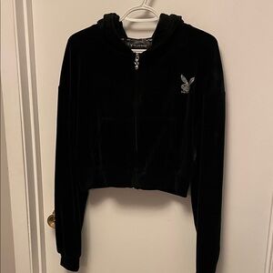 PLAYBOY Black Velour Cropped Full Zip Hoodie Size Large